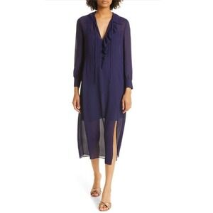 Ted Baker Midi Dress Size 0 US 2‎ Navy Blue Faithy Asymmetric Ruffle Long Sleeve